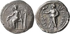 Greek CRETE. Priansos. Circa 320-270 BC. Stater (Silver, 25 mm, 11.35 g, 11 h). Female deity (Demeter or Persephone?) seated left on throne, head facing, placing her right hand on a serpent rising ere