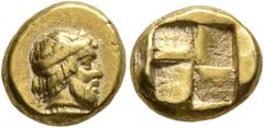 Greek MYSIA. Kyzikos. Circa 500-450 BC. Hekte (Electrum, 10 mm, 2.64 g). Bearded head of Dionysos to right, wearing diadem and wreath of ivy; below, [tunny to right]. Rev. Quadripartite incuse square.