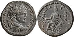 Roman Provincial PHRYGIA. Midaeum. Caracalla, 198-217. Tetrassarion (Orichalcum, 30 mm, 17.80 g, 1 h). ANTΩNЄINOC AYΓOYCTOC Laureate, draped and cuirassed bust of Caracalla to right, seen from behind.