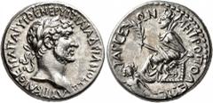 Roman Provincial CILICIA. Tarsus. Hadrian, 117-138. Tridrachm (Silver, 24 mm, 10.76 g, 12 h). ΑΥΤ ΚΑΙ ΘΕ ΤΡA ΠΑΡ ΥΙ ΘΕ ΝΕΡ ΥΙ ΤΡΑI ΑΔΡΙΑΝΟϹ ϹE Laureate head of Hadrian to right. Rev. ΤΑΡϹΕΩΝ ΜΗΤΡΟΠΟΛΕ