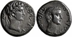 Roman Provincial ASIA MINOR. Uncertain. Augustus, with Tiberius, 27 BC-AD 14. Hemiassarion (?) (Bronze, 17 mm, 4.81 g, 1 h), after 4 BC. [KAIΣAPOΣ?] ΣEBAΣTOY Laureate head of Augustus to right. Rev. T
