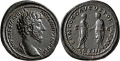 Roman Imperial Marcus Aurelius, 161-180. Sestertius (Orichalcum, 36 mm, 34.85 g, 12 h), Rome, 161-162. IMP CAES M AVREL ANTONINVS AVG P M Bare head of Marcus Aurelius to right, with slight drapery on 