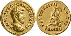 Roman Imperial Lucius Verus, 161-169. Aureus (Gold, 19 mm, 7.13 g, 5 h), Rome, 163. •L•VERVS AVG ARMENIACVS Bare-headed, draped and cuirassed bust of Lucius Verus to right, seen from behind. Rev. TR P