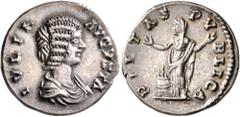 Roman Imperial Julia Domna, Augusta, 193-217. Denarius (Silver, 19 mm, 2.96 g, 12 h), Laodicea, circa 198-202. IVLIA AVGVSTA Draped bust of Julia Domna to right. Rev. PIETAS PVBLICA Veiled Pietas stan