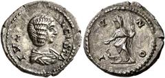 Roman Imperial Julia Domna, Augusta, 193-217. Quinarius (Silver, 16 mm, 1.49 g, 6 h), Rome, 207. IVL[IA] AVGVSTA Draped bust of Julia Domna to right. Rev. IVNO Juno standing front, head to left, holdi