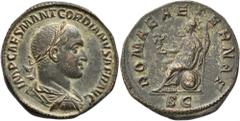 Roman Imperial Gordian II, 238. Sestertius (Orichalcum, 30 mm, 18.91 g, 1 h), Rome, March-April 238. IMP CAES M ANT GORDIANVS AFR AVG Laureate, draped and cuirassed bust of Gordian II to right, seen f