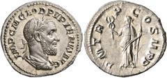 Roman Imperial Pupienus, 238. Denarius (Silver, 20 mm, 3.15 g, 6 h), Rome, circa April-June 238. IMP C M CLOD PVPIENVS AVG Laureate, draped and cuirassed bust of Pupienus to right, seen from behind. R