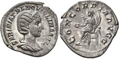 Roman Imperial Tranquillina, Augusta, 241-244. Denarius (Silver, 20 mm, 3.00 g, 2 h), Rome, mid 243. SABINA TRANQVILLINA AVG Draped bust of Tranquillina to right, wearing stephane. Rev. CONCORDIA AVGG