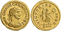 Roman Imperial Carinus, as Caesar, 282-283. Aureus (Gold, 19 mm, 4.69 g, 11 h), Antiochia, spring 283. IMP C M AVR CARINVS NOB C Laureate and cuirassed bust of Carinus to right. Rev. VICTORIAE AVGG / 