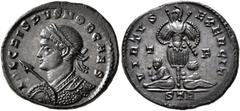 Roman Imperial Crispus, Caesar, 316-326. Follis (Bronze, 19 mm, 3.85 g, 7 h), Treveri, 320-321. IVL CRISPVS NOB CAES Laureate and cuirassed bust of Crispus to left, holding spear forward in his right 