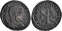 Roman Imperial Magnentius, 350-353. Follis (Bronze, 22 mm, 4.15 g, 1 h), a contemporary imitation of a Follis from Lugdunum. D N MAGNEN-TIVS P F AVG Bare-headed, draped and cuirassed bust of Magnentiu