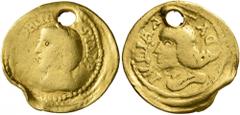 The Aurum Barbarorum Collection UNCERTAIN GERMANIC TRIBES, Pseudo-Imperial coinage. Mid 3rd-early 4th centuries. 'Quinarius' (Gold, 17 mm, 2.92 g, 1 h), imitating Septimius Severus, 193-211, and Julia