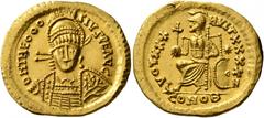 The Aurum Barbarorum Collection UNCERTAIN GERMANIC TRIBES, Pseudo-Imperial coinage. 5th century. Solidus (Gold, 21 mm, 4.40 g, 6 h), imitating Theodosius II, 402-450. D N THEOOO-SIVS P E AVG Pearl-dia
