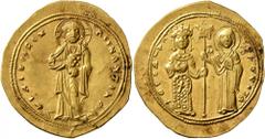 Byzantine Theodora, 1055-1056. Histamenon (Gold, 26 mm, 4.45 g, 6 h), Constantinopolis. +IhS XIS RЄX RЄGNANTIhm Christ, nimbate, standing facing on footstool, wearing tunic and pallium, raising his ri