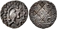 Early Medieval MEROVINGIANS. Rouen. Circa 700-725. Denier (Silver, 14 mm, 1.18 g), 'au buste et croix grecque'. Stylized male head to right, the hair devolved into a line of pellets; before, cross wit