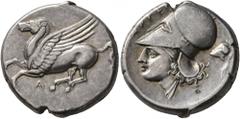 Greek AKARNANIA. Argos Amphilochikon. Circa 340-300 BC. Stater (Silver, 200 mm, 8.46 g, 6 h). A Pegasus flying left. Rev. APΓEI Head of Athena to left, wearing Corinthian helmet; behind neckguard, cre