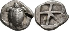Greek ISLANDS OFF ATTICA, Aegina. Circa 480-457 BC. Stater (Silver, 22 mm, 12.17 g). Sea turtle, head in profile, with 'T-back' design on shell. Rev. Large square incuse with skew pattern. Meadows, Ae