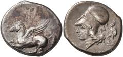 Greek CORINTHIA. Corinth. Circa 375-300 BC. Stater (Silver, 21 mm, 8.31 g, 11 h). [Ϙ] Pegasus flying left. Rev. Head of Athena to left, wearing Corinthian helmet; behind neckguard, N and Ares standing