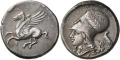 Greek CORINTHIA. Corinth. Circa 375-300 BC. Stater (Silver, 21 mm, 8.41 g, 5 h). Ϙ Pegasus flying left. Rev. Head of Athena to left, wearing laureate Corinthian helmet; below, A-P; behind neckguard, e