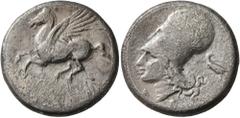 Greek CORINTHIA. Corinth. Circa 375-300 BC. Stater (Silver, 21 mm, 8.01 g, 1 h). Ϙ Pegasus flying left. Rev. Head of Athena to left, wearing laureate Corinthian helmet; below, A-P; behind neckguard, e