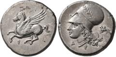 Greek CORINTHIA. Corinth. Circa 375-300 BC. Stater (Silver, 21 mm, 8.48 g, 7 h). Ϙ Pegasus flying left. Rev. Head of Athena to left, wearing laureate Corinthian helmet; below, A-P; behind neckguard, c