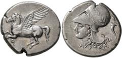 Greek CORINTHIA. Corinth. Circa 375-300 BC. Stater (Silver, 21 mm, 8.55 g, 6 h). Ϙ Pegasus flying left. Rev. Head of Athena to left, wearing laureate Corinthian helmet; below, A-P; behind neckguard, c