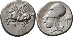 Greek CORINTHIA. Corinth. Circa 375-300 BC. Stater (Silver, 22 mm, 8.59 g, 9 h). Ϙ Pegasus flying left. Rev. Head of Athena to left, wearing laureate Corinthian helmet; below, A-P; behind neckguard, b