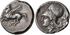 Greek CORINTHIA. Corinth. Circa 375-300 BC. Stater (Silver, 22 mm, 8.52 g, 8 h). Ϙ Pegasus flying left. Rev. Head of Athena to left, wearing laureate Corinthian helmet; below, A-P; behind neckguard, i