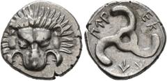 Greek DYNASTS OF LYCIA. Perikles, circa 380-360 BC. 1/3 Stater (Silver, 15 mm, 2.75 g). Facing lion's scalp. Rev. 𐊓𐊁𐊕-𐊆𐊋-𐊍𐊁 ('Perikle' in Lycian) Triskeles. BMC 157. Müseler VIII, 49. SNG von A