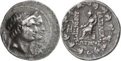 Greek SELEUKID KINGS OF SYRIA. Demetrios I Soter, with Laodike IV, 162-150 BC. Tetradrachm (Silver, 30 mm, 16.31 g, 1 h), Seleukeia on the Tigris. Jugate busts of Demetrios I, diademed, and Laodike, d
