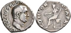 Roman Imperial Vitellius, 69. Denarius (Silver, 18 mm, 3.38 g, 7 h), Rome, late April-20 December 69. A VITELLIVS GER[MAN IMP TR P] Laureate head of Vitellius to right. Rev. CONCORDIA P R Concordia se