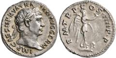 Roman Imperial Trajan, 98-117. Denarius (Silver, 18 mm, 3.40 g, 6 h), Rome, 102. IMP CAES NERVA TRAIAN AVG GERM Laureate head of Trajan to right. Rev. P•M•TR•P•COS•IIII•P•P Victory standing right on p