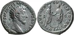 Roman Imperial Marcus Aurelius, 161-180. As (Copper, 25 mm, 12.45 g, 11 h), Rome, March-December 161. IMP CAES M AVREL ANTONINVS AVG P M Laureate head of Marcus Aurelius to right. Rev. CONCORD AVGVSTO