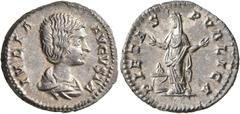 Roman Imperial Julia Domna, Augusta, 193-217. Denarius (Silver, 18 mm, 3.27 g, 12 h), Rome, 198-202. IVLIA AVGVSTA Draped bust of Julia Domna to right. Rev. PIETAS PVBLICA Veiled Pietas standing front