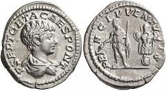 Roman Imperial Geta, as Caesar, 198-209. Denarius (Silver, 20 mm, 3.16 g, 12 h), Rome, 200-202. P SEPT GETA CAES PONT Bare-headed and draped bust of Geta to right, seen from behind. Rev. PRINC IVVENTV