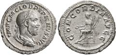 Roman Imperial Pupienus, 238. Denarius (Silver, 20 mm, 1.54 g, 1 h), Rome. IMP C M CLOD PVPIENVS AVG Laureate, draped and cuirassed bust of Pupienus to right, seen from behind. Rev. CONCORDIA AVGG Con