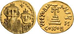 Byzantine Constans II, with Constantine IV, 641-668. Solidus (Gold, 19 mm, 4.38 g, 7 h), Constantinopolis, 654-659. δ N CONSTANTINЧS C CONSTAI Crowned and draped bust of Constans facing, with long bea