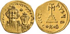 Byzantine Constans II, with Constantine IV, 641-668. Solidus (Gold, 20 mm, 4.29 g, 7 h), Constantinopolis, circa 654-659. δ N CONSTANTINЧS C CONSTAN' Crowned and draped bust of Constans II facing, wit