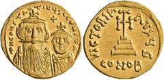 Byzantine Constans II, with Constantine IV, 641-668. Solidus (Gold, 20 mm, 4.43 g, 7 h), Constantinopolis, circa 654-659. δ N CONSTANTINЧS C CONSTA Crowned and draped bust of Constans II facing, with 