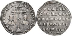 Byzantine Basil II Bulgaroktonos, with Constantine VIII, 976-1025. Miliaresion (Silver, 22 mm, 2.10 g, 6 h), Constantinopolis, 977-989. ЄҺ TUVTω ҺICAT' baSILЄI C CωҺST' Cross crosslet with central X a