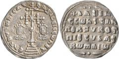Byzantine Basil II Bulgaroktonos, with Constantine VIII, 976-1025. Miliaresion (Silver, 24 mm, 2.29 g, 12 h), Constantinopolis, 977-989. ЄҺ TUVTω ҺICAT' baSILЄI C CωҺST' Cross crosslet with central X 