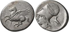 Greek CORINTHIA. Corinth. Circa 375-300 BC. Stater (Silver, 23 mm, 8.54 g, 1 h). Ϙ Pegasus flying left. Rev. Head of Athena to left, wearing laureate Corinthian helmet; below, A-P; behind neckguard, e
