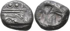 Greek LYCIA. Phaselis. Circa 530-500 BC. Stater (Silver, 19 mm, 10.60 g). Prow of a galley to right, terminating in a boar's forepart; below, small dolphin right. Rev. Incuse square divided by irregul