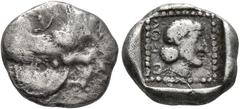 Greek DYNASTS OF LYCIA. Uvug, circa 470-440 BC. Diobol (Silver, 11 mm, 1.37 g, 6 h). Forepart of a winged man-headed bull to right. Rev. 𐊒𐊇𐊒𐊄 ('uwug' in Lycian) Head of Apollo to right; all within