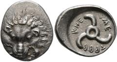 Greek DYNASTS OF LYCIA. Trbbenimi, circa 390-370 BC. 1/3 Stater (Silver, 18 mm, 3.09 g). Facing lion's scalp. Rev. 𐊗𐊕𐊂𐊂-𐊙𐊏𐊆-𐊎𐊆 ('Trbbãnimi' in Lycian) Triskeles. BMC 147. Müseler VIII, 24-27.