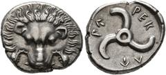 Greek DYNASTS OF LYCIA. Perikles, circa 380-360 BC. 1/3 Stater (Silver, 16 mm, 3.03 g). Facing lion's scalp. Rev. 𐊓𐊁-𐊕𐊆𐊋-𐊍𐊁 ('Perikle' in Lycian) Triskeles. BMC 155-7. Müseler VIII, 47-51. SNG 