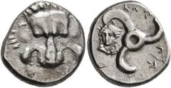 Greek DYNASTS OF LYCIA. Perikles, circa 380-360 BC. 1/3 Stater (Silver, 15 mm, 3.09 g, 12 h). Facing lion's scalp. Rev. 𐊓𐊁-𐊕-𐊁𐊋𐊍𐊁 ('Perikle' in Lycian) Triskeles; to left, draped bust of female