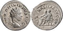 Roman Imperial Philip II, 247-249. Antoninianus (Silver, 23 mm, 4.01 g, 11 h), Rome. IMP PHILIPPVS AVG Radiate, draped and cuirassed bust of Philip II to right, seen from behind. Rev. LIBERALITAS AVGG