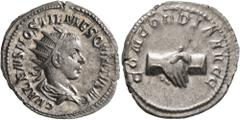 Roman Imperial Hostilian, as Caesar, 250-251. Antoninianus (Silver, 23 mm, 4.49 g, 1 h), Rome. C VALENS HOSTIL MES QVINTVS N C Radiate and draped bust of Hostilian to right, seen from behind. Rev. CON