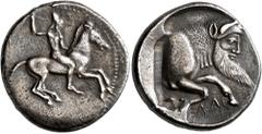 Greek SICILY. Gela. Circa 490/85-480/75 BC. Didrachm (Silver, 22 mm, 8.26 g, 9 h). Bearded warrior, nude but for high helmet, riding horse to right, brandishing spear in his right hand and holding rei